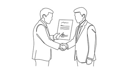 Two businessmen shaking hands over a signed document symbolizing agreement and partnership.