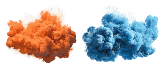 Two vibrant ink clouds orange and blue swirling in water isolated on transparent background