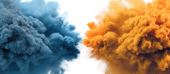 Blue and orange smoke clouds exploding together isolated on transparent background