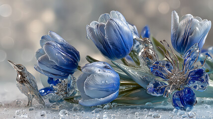 Glass flowers and glass birds rest on a surface, flowers and birds made from intricate glass. Dewdrops cling to the flowers, adding a fresh element to the scene. The glass gives the flowers and birds