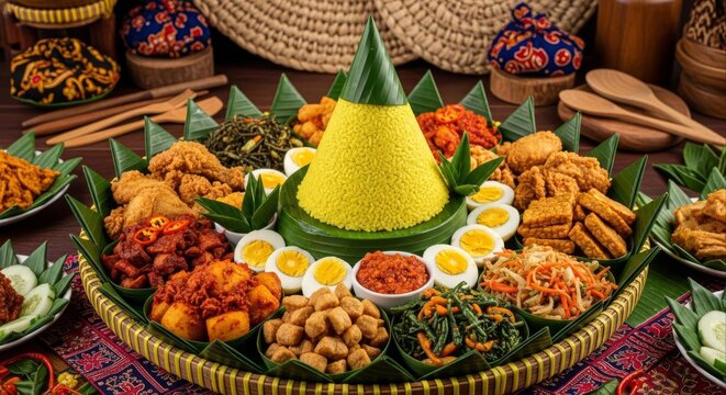 Nasi Tumpeng Indonesian Festive Rice Cone with Side Dishes