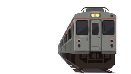 A detailed front view of a passenger train traveling on railway tracks.