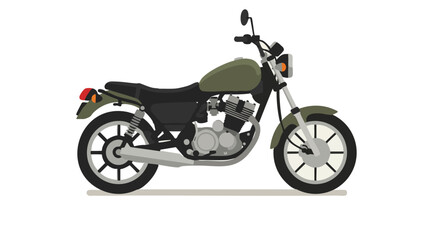 Side view of a classic olive green motorcycle with black seat and chrome exhaust.