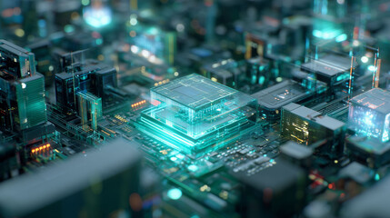A glowing circuit board features a central processor with intricate connections. The central processor links circuit components on the circuit board. Circuit pathways illuminate the surrounding
