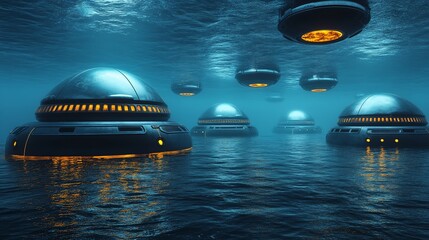 Underwater structures glow mysteriously in dark ocean, suggesting hidden settlement