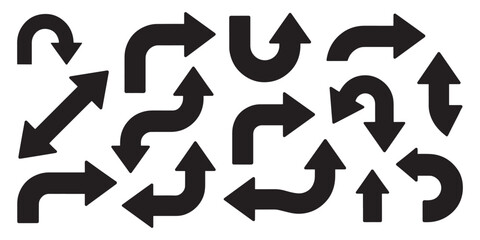 Collection of black arrow icons showing different directions and curves on a white background © SaymaHossan