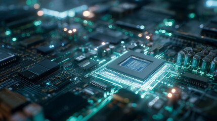 Central microchip rests on a circuit board, surrounded by various microchip connections. Green lights illuminate tiny components on the microchip. Circuit pathways link the microchip together.
