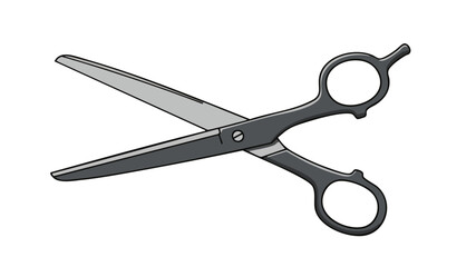Open scissors with black handles and silver blades on a white background.