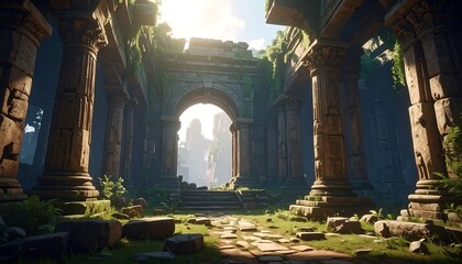 Ancient ruins with towering stone pillars and archway, leading to a distant bright, sunny landscape