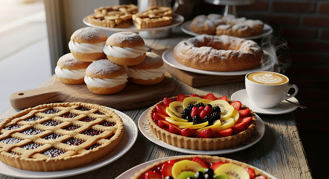 A delicious assortment of freshly baked Italian pastries, fruit tarts, and cakes on a rustic wooden table in a sunlit cafe