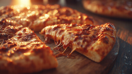 Slices of pizza rest on a wooden board, pizza displaying melted cheese. One slice of pizza is being pulled away, hot cheese stretching from the pizza. The pizza glistens under warm lighting.