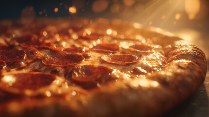 A pepperoni pizza rests on a surface, pizza displaying browned crust. Light shines on the pizza, highlighting the pepperoni. Hot cheese melts across the pizza, enhancing its appeal.
