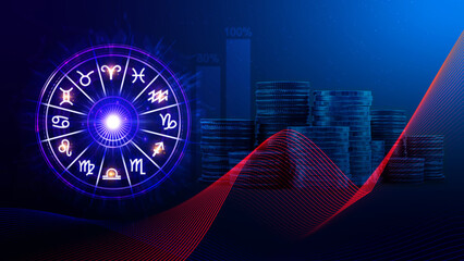 Horoscope with zodiac signs and money coins like astrology and money and astrology and wealth concept, Financial horoscope concept.