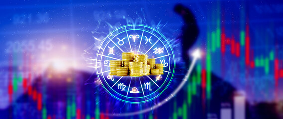 Horoscope with zodiac signs and money coins like astrology and money and astrology and wealth concept, Financial horoscope concept.