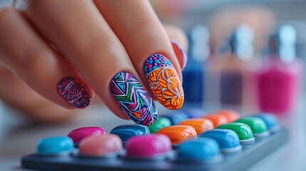 Vibrant, patterned nail art on almond-shaped nails