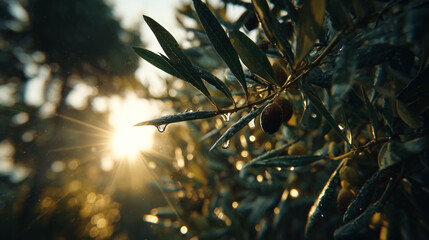 Droplets of water hang from olive leaves, olive branches, and olive fruits. Morning sunlight shines on olive leaves, olive fruits, and olive branches. Olive branches, olive fruits, and olive leaves