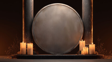 Candles are placed beside columns, with columns supporting a large circle. The circle stands between the columns, with warm candlelight on the circle. Shadows from candles cover the columns, circle