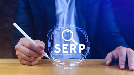 SERP, Search Engine Result Pages concept, magnifying glass with text SERP, can be used for business, marketing and education concept
