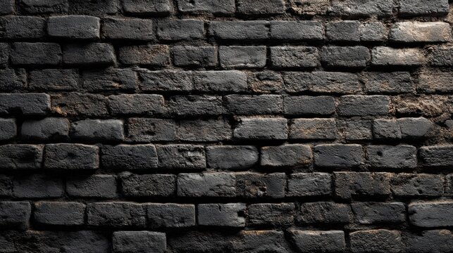 A dark charred brick wall serves as a textured background with deep shadows highlighting its rugged and weathered surface - Powered by Adobe