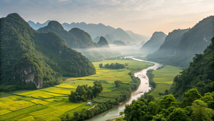 A breathtaking landscape featuring majestic mountain views, clear flowing rivers, and vibrant green rice fields. This serene natural scenery captures the peaceful beauty of rural life.0