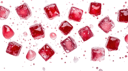 Overhead Composition of Ice Cubes in Cherry Soda with Droplets on Transparent Background