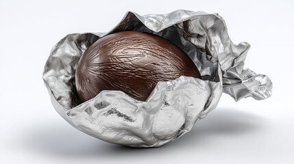 A chocolate egg rests in a silver wrapper, with the egg peeking out from its wrapper. The foil wrapper surrounds the egg, creating contrast between egg and wrapper. Light reflects off the egg