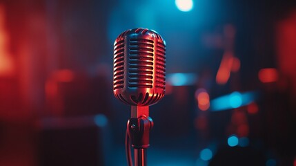 Vintage microphone in a dimly lit stage setting