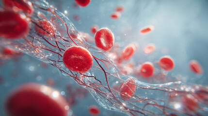 Red blood cells flow through a vessel with visible blood cells in motion. The blood vessel captures the movement of red blood cells in the bloodstream. Blood cells interact with the vessel as they