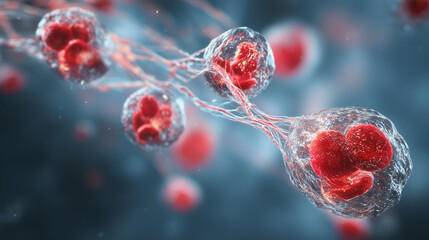Blood cells are suspended in liquid, with each blood cell surrounded by a clear membrane. The membrane encases the blood cells as they float within the liquid. Threads connect the blood cells