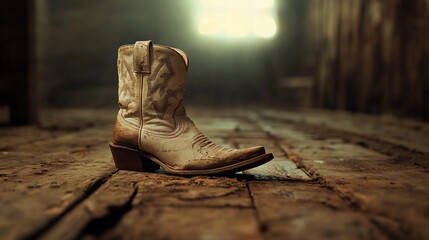 Vintage, worn cowboy boot on rustic wooden floor