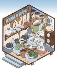 Kimjang Korean Cultural Event Kimchi Making Vector Illustration