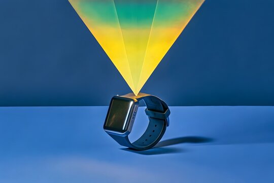Futuristic smartwatch displaying a vibrant hologram projection - Powered by Adobe
