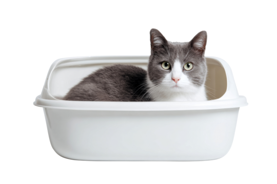 Cute gray and white cat sitting in white litter box isolated on transparent background