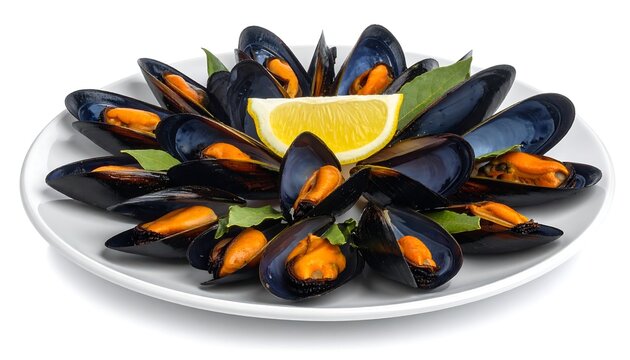 A beautifully arranged plate of cooked shellfish with vibrant orange flesh, shells glistening, garnished with lemon and herbs