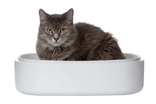 Fluffy gray cat relaxing in modern white litter box isolated on transparent background