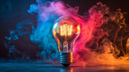Warm incandescent light bulb surrounded by colorful smoke