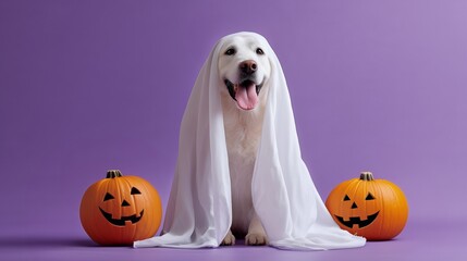 Happy Dog in Ghost Costume with Halloween Pumpkins on Purple Background.