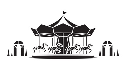 Naklejka premium Whimsical carousel with geometric horses evokes childhood joy and festive amusement park wonder, perfect for playful designs and nostalgic themes