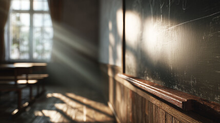 Sunlight streams through the window, illuminating desks and the wooden floor. A blackboard catches sunlight, with chalk marks visible. Desks and sunlight create patterns on the floor.