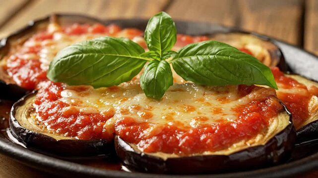 Delicious Baked Eggplant with Marinara Sauce and Basil - A beautifully arranged plate of baked eggplant slices topped with marinara sauce and melted cheese, garnished with fresh basil leaves.