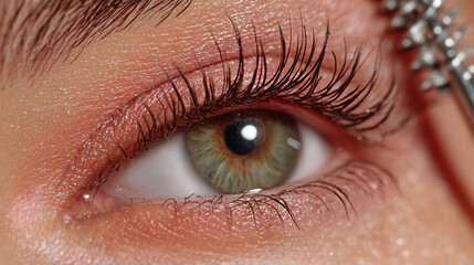 Dramatic closeup of a beautiful green eye with stunning long lashes and mascara application for beauty and fashion concepts