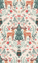 Vector Christmas seamless pattern with hand drawn Scandinavian folk ornament, animals, deer, owl, decorations. Vector endless background of new year symbols in modern graphic style