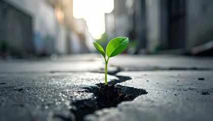 A vibrant green sprout emerges from a crack in urban pavement, illuminated by sunlight, symbolizing resilience, new beginnings, and the power of life
