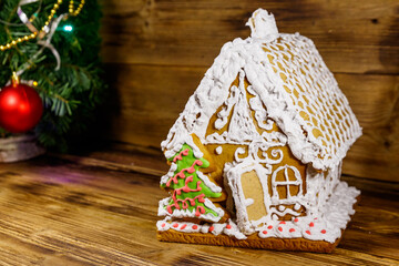 Christmas Gingerbread house on a wooden table