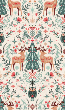 Vector Christmas seamless pattern with hand drawn Scandinavian folk ornament, animals, deer, owl, decorations. Vector endless background of new year symbols in modern graphic style