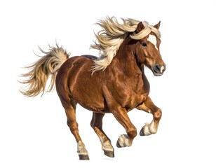 Obraz premium A beautiful chestnut horse, mane flowing wildly, gallops against a clean white background. The animal is captured in full motion, showcasing power
