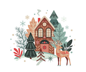 Vector Christmas composition with hand drawn holiday elements, winter house, trees, deer, flowers, snowflakes. Scandinavian folk ornament