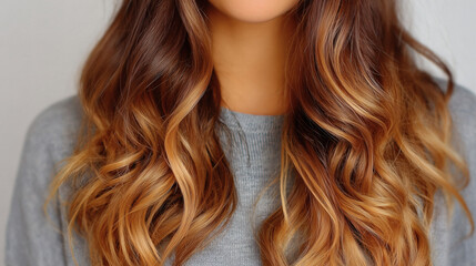 Naklejka premium Stunning long wavy brunette hair with beautiful caramel highlights and gray top for fashion style and beauty concepts