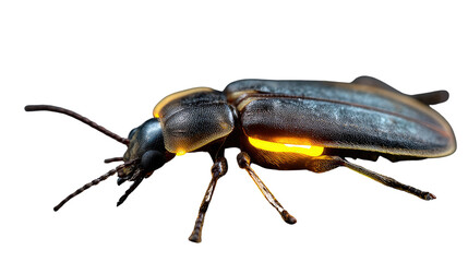 Dark coloured firefly is seen glowing with bright bioluminescent light in night environment showcasing natural illumination isolated on white background
