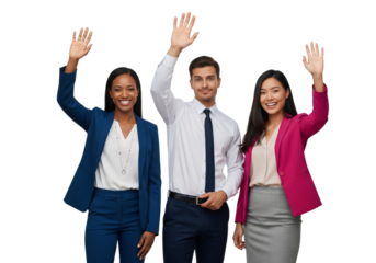 Diverse professionals standing side by side and waving goodbye with warm smiles isolated on white or transparent background